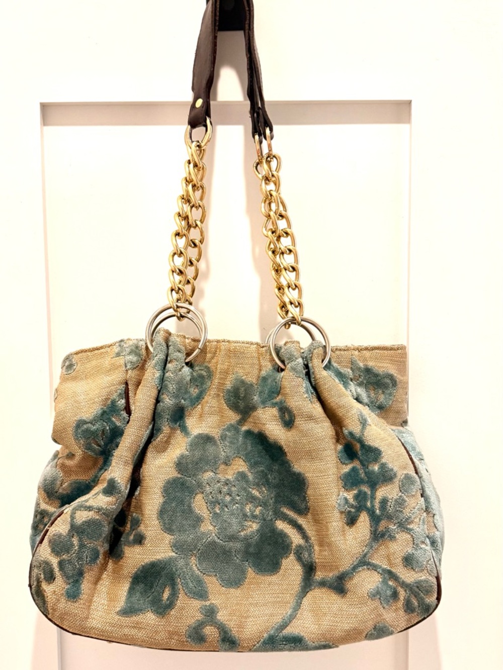 Velvet Floral Chain-Handle Shoulder Bag in Teal and Taupe